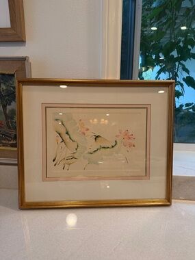 Framed Floral Watercolor in Gold Frame signed . Tong Shiang Chang Lee